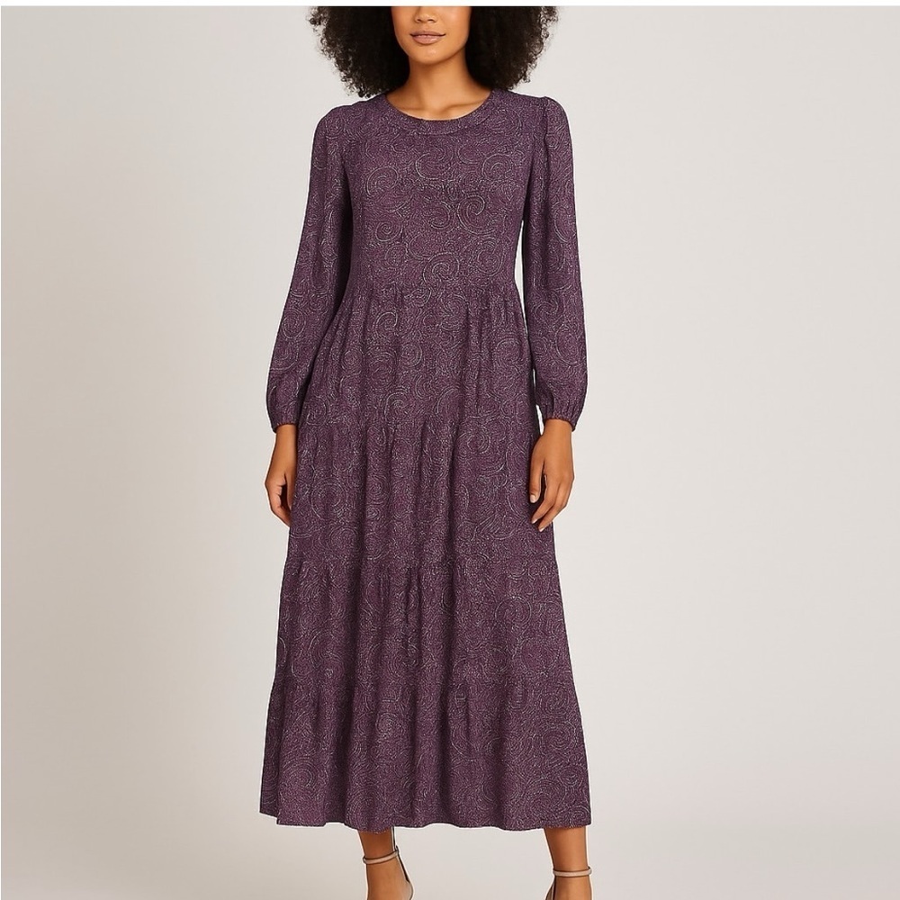 J. Jill Paisley Print Tiered Midi Dress Long Sleeve Cottagecore Boho Plum XS
